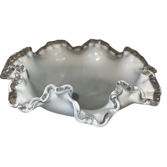 Fenton Silver Crest Milk Glass Bowl Dish 8”X4” Pedestaled Ruffled Vintage - Picture 3 of 6
